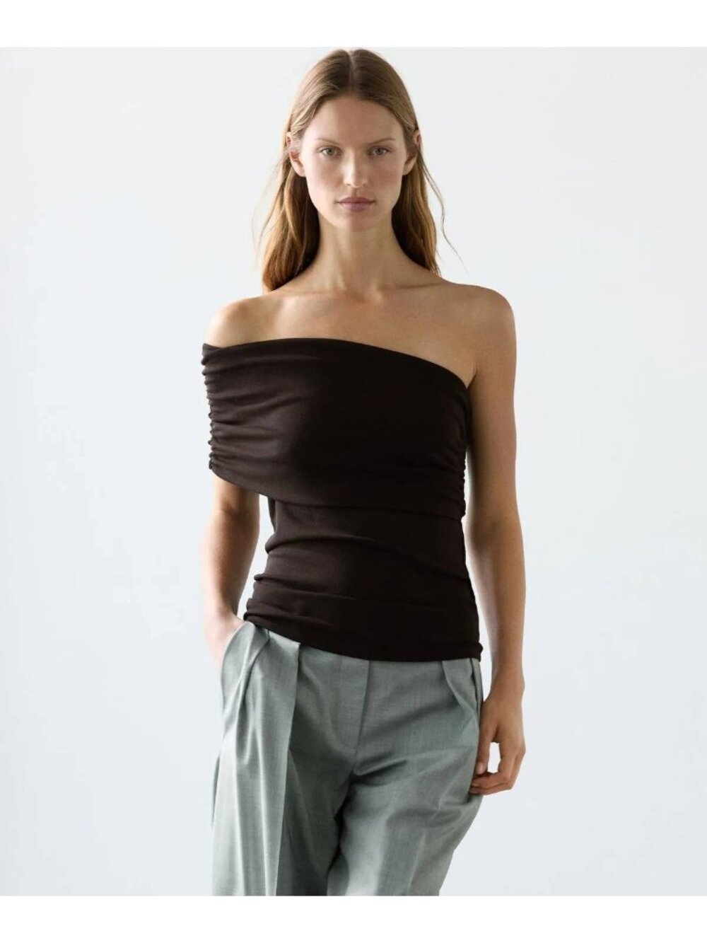 Massimo Dutti Womens Brown Shirt Top One Shoulder Small Sleeveless 6288/578 NW